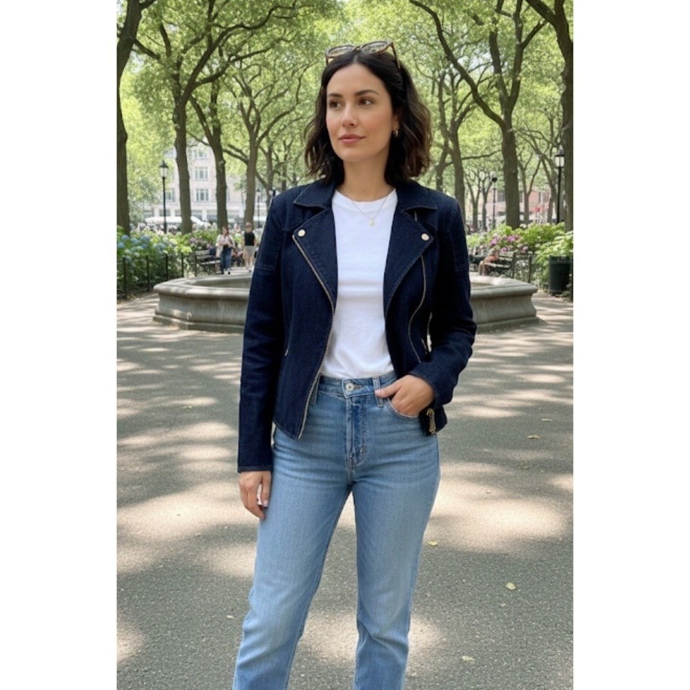 Lauren Jeans Co Ralph Women's XL Blue Denim Zip Moto Stand Up Collar Jacket NEW